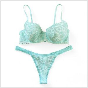 On Gossamer Aqua Lace Crystal Trim Underwire Bra w Thong Panties Set NEW 34C / L